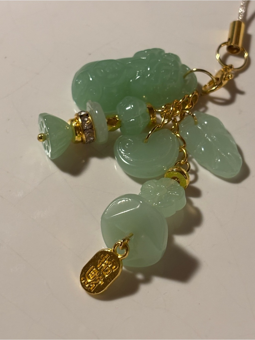 Green Jade-Inspired Charm Keychain with gold accents
